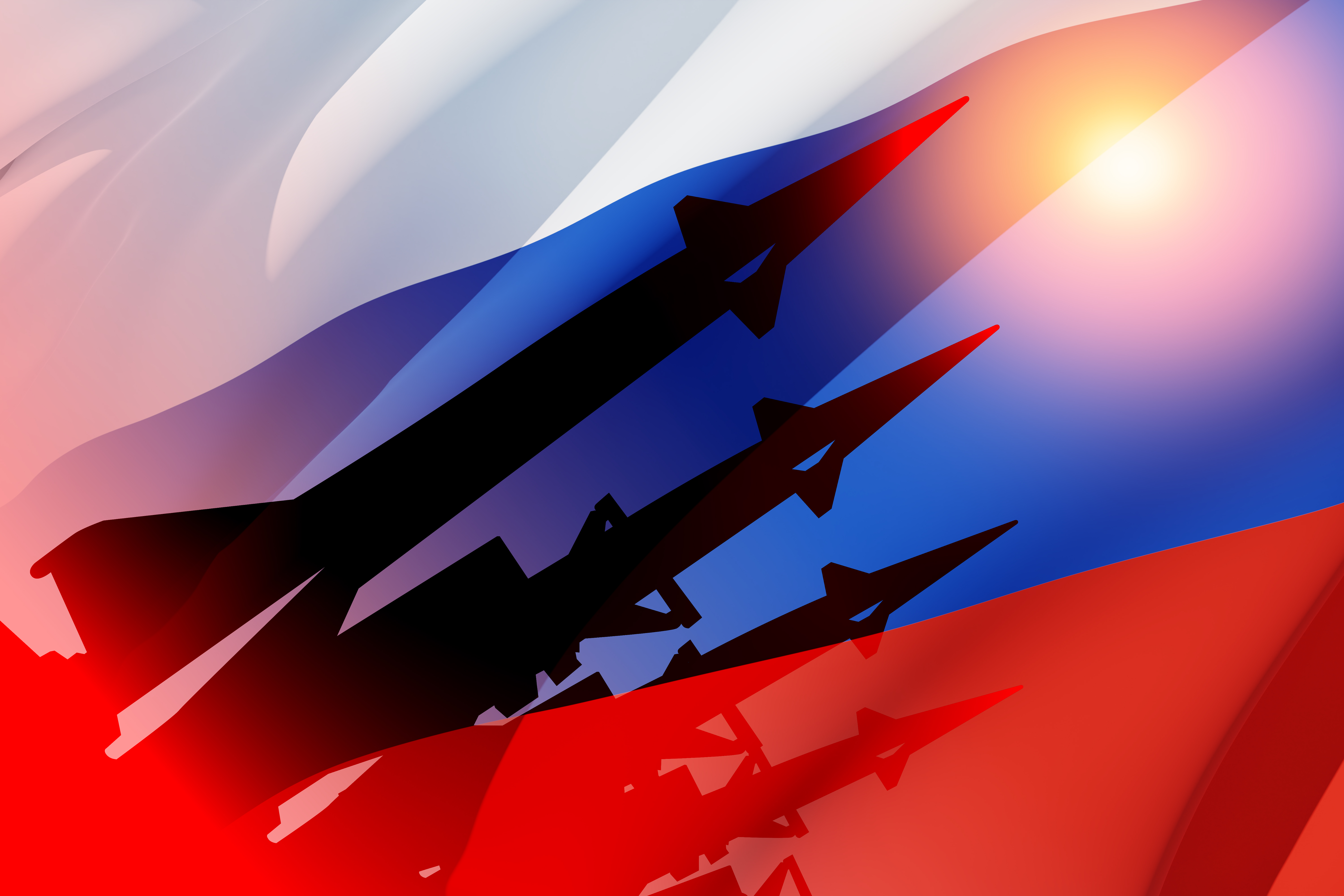 Silhueta de mísseis em um fundo da bandeira da Rússia e o sol. Conceito de arma nuclear. Demonstração de armas da Federação Russa. renderização 3D.