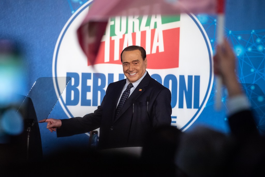 NAPLES, ITALY - MAY 21: Silvio Berlusconi during the Forza Italia party convention on May 21, 2022 in Naples, Italy. National convention of the Forza Italia party "The force that unites" at the Mostra d'Oltremare in Naples on May 21, 2022 in Naples, Italy. (Photo by Ivan Romano/Getty Images)