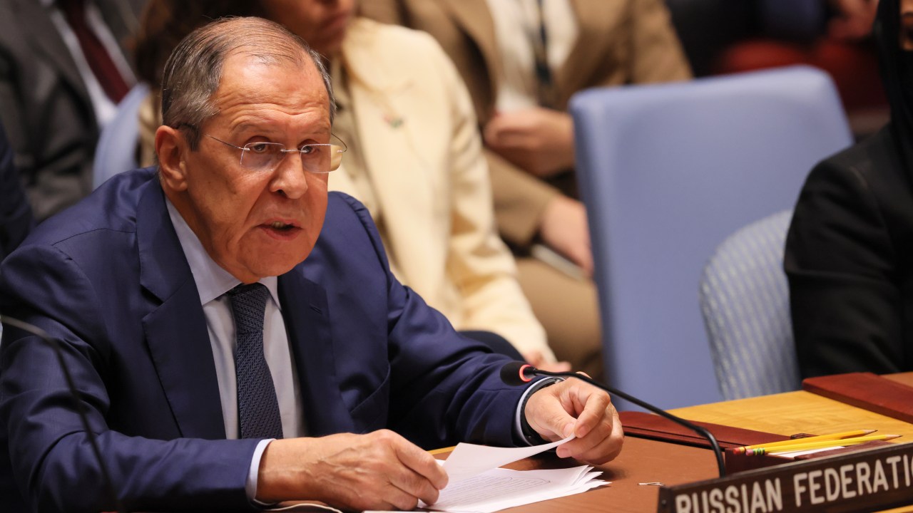 NEW YORK, NEW YORK - SEPTEMBER 22: Russian Federation Minister for Foreign Affairs Sergey V. Lavrov speaks during the United Nations Security Council meeting at the United Nations Headquarters to discuss the conflict in Ukraine on September 22, 2022 in New York City. Yesterday, Russian President Vladimir Putin announced a "partial mobilization" of Russian citizens, calling up 300,000 Russian reservists to fight in Ukraine. Putin also stated his support for a referendum to annex Russian-occupied territory in Ukraine, as well as his willingness to use nuclear weapons to defend the territories. In a remote speech yesterday at the U.N. Ukraine President Volodymyr Zelensky called for the revocation of Russia's veto power as a permanent member of the United Nations Security Council in a remote speech yesterday at the United Nations General Assembly. (Photo by Michael M. Santiago/Getty Images)