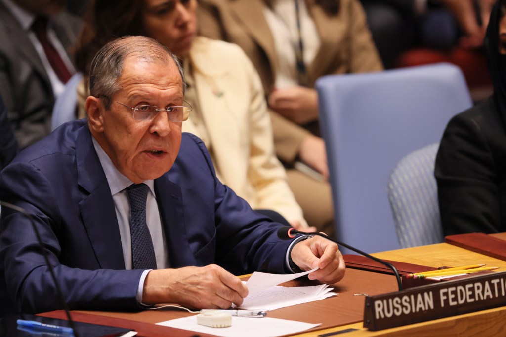 NEW YORK, NEW YORK - SEPTEMBER 22: Russian Federation Minister for Foreign Affairs Sergey V. Lavrov speaks during the United Nations Security Council meeting at the United Nations Headquarters to discuss the conflict in Ukraine on September 22, 2022 in New York City. Yesterday, Russian President Vladimir Putin announced a "partial mobilization" of Russian citizens, calling up 300,000 Russian reservists to fight in Ukraine. Putin also stated his support for a referendum to annex Russian-occupied territory in Ukraine, as well as his willingness to use nuclear weapons to defend the territories. In a remote speech yesterday at the U.N. Ukraine President Volodymyr Zelensky called for the revocation of Russia's veto power as a permanent member of the United Nations Security Council in a remote speech yesterday at the United Nations General Assembly. (Photo by Michael M. Santiago/Getty Images)