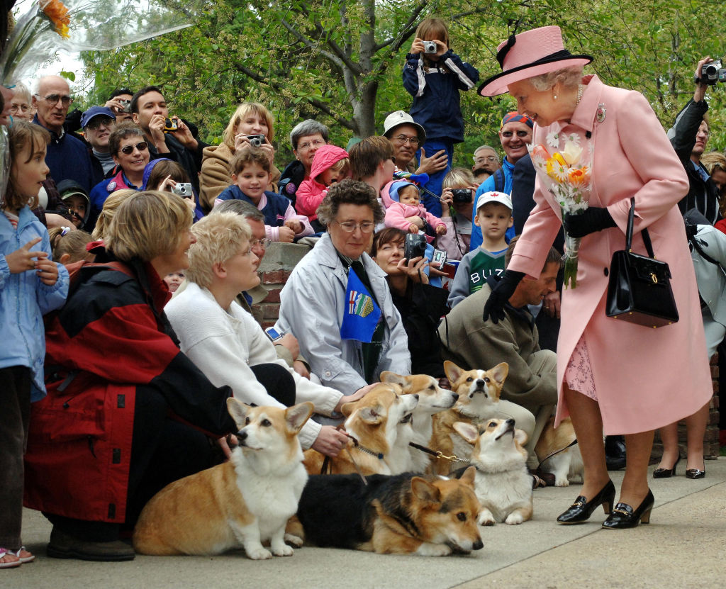 Britain's Queen Elizabeth II is greeted by local corgi enthusiasts as she departs the Legislature Building. (Photo by Fiona Hanson - PA Images/PA Images via Getty Images)
