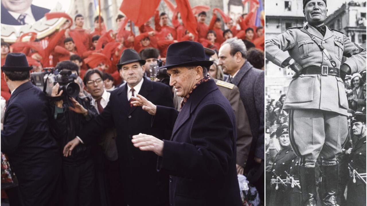 ILUSÃO DO PODER - Ceausescu (à esq.) e Mussolini: cercados de bajuladores e alheios à realidade -