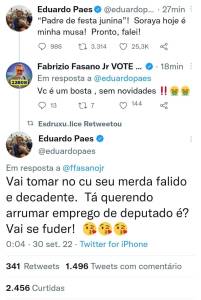 O prefeito Eduardo Paes e o candidato pelo PL de São, Fabrizio Fasano Jr. brigam pelas redes sociais. Prefeito alega que última resposta não é sua.