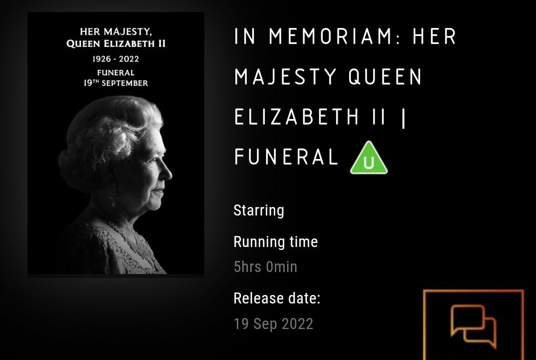 Anúncio da exibição do funeral da rainha Elizabeth II em cinemas do Reino Unidoa