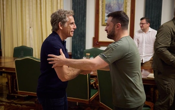 O ator Ben Stiller, também Embaixador do Alto Comissariado das Nações Unidas para os Refugiados (Acnur), visitou o presidente da Ucrânia, Volodymyr Zelenski, em junho. 06/09/2022.