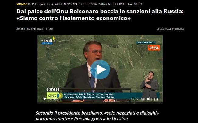 OPEN, DA ITÁLIA: Do palco da ONU, Bolsonaro rejeita sanções contra a Rússia: 'Somos contra o isolamento econômico' - 20/09/2022