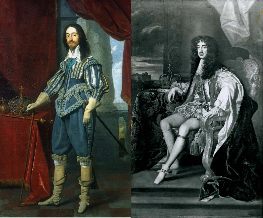 Carlos I e seu filho, Carlos II, os monarcas que antecederam Charles II no trono britânico -