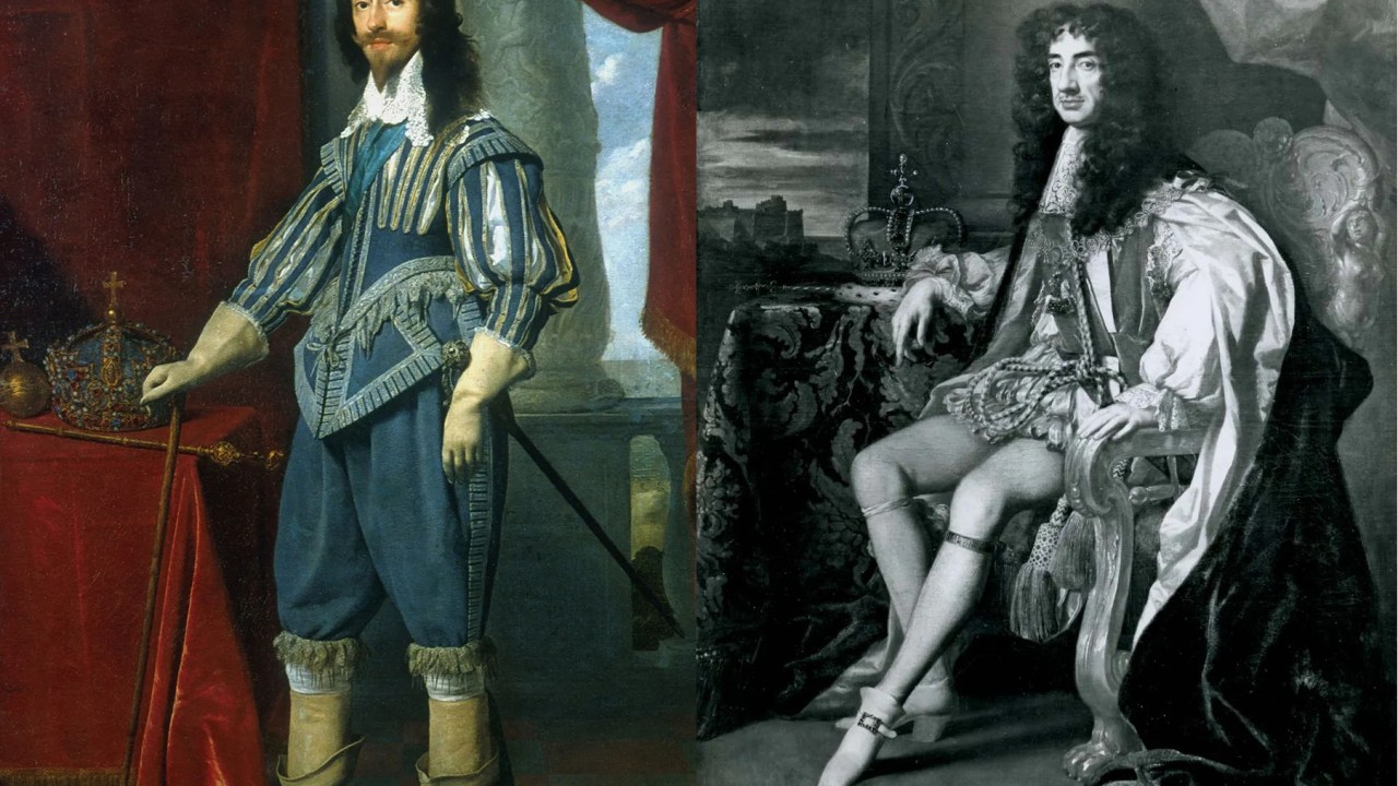 Carlos I e seu filho, Carlos II, os monarcas que antecederam Charles II no trono britânico -