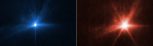 Impacto da espaçonave no asteroide Dimorphos visto pelo Hubble e pelo James Webb -