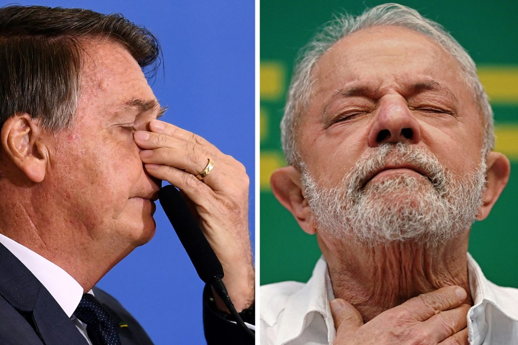 (COMBO) This combination of pictures created on October 5, 2022 shows Brazilian President Jair Bolsonaro (L) gesturing during the signing ceremony of the Provisional Measure that changes the rules for fuel trade, at Planalto Palace in Brasilia, on August 11, 2021, and Brazilian presidential candidate for the leftist workers party (PT) and former President (2003-2010), Luiz Inacio Lula da Silva, gesturing during a press conference in Rio de Janeiro, Brazil, on September 30, 2022. - Brazil's bitterly divisive presidential election will be decided in a runoff on October 30 as incumbent Jair Bolsonaro beat first-round expectations to finish a closer-than-expected second to front-runner Luiz Inacio Lula da Silva in the October 2 first round. (Photo by EVARISTO SA and Carl DE SOUZA / AFP)
