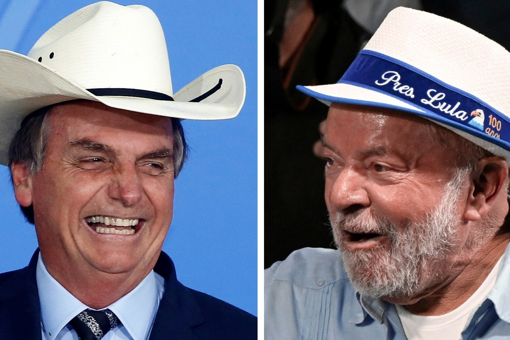 (COMBO) This combination of pictures created on October 5, 2022 shows Brazil's President Jair Bolsonaro (L) wearing a hat during a ceremony with singers of country music at Planalto Palace in Brasilia, on January 29, 2020, and Brazilian presidential candidate for the leftist Workers Party (PT) and former President (2003-2010), Luiz Inacio Lula da Silva wearing a hat during a rally at the Portela Samba School in Rio de Janeiro, Brazil, on September 25, 2022. - Brazil's bitterly divisive presidential election will be decided in a runoff on October 30 as incumbent Jair Bolsonaro beat first-round expectations to finish a closer-than-expected second to front-runner Luiz Inacio Lula da Silva in the October 2 first round. (Photo by Sergio LIMA and Mauro PIMENTEL / AFP)