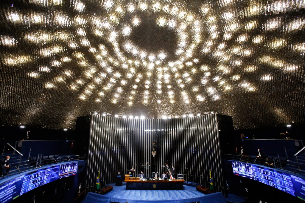 (FILES) In this file photo taken on February 01, 2021, general view of the Brazilian Senate taken during the senate session to elect the president of the Senate, in Brasilia. - Brazilians will have a more diverse Congress in 2023, although its composition will maintain an underrepresentation of the black population, a majority in the country, despite new incentives for such candidacies. (Photo by Sergio LIMA / AFP)