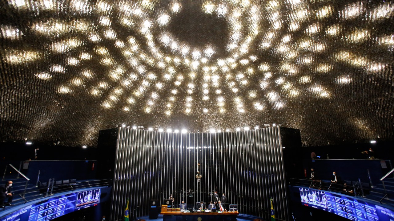 (FILES) In this file photo taken on February 01, 2021, general view of the Brazilian Senate taken during the senate session to elect the president of the Senate, in Brasilia. - Brazilians will have a more diverse Congress in 2023, although its composition will maintain an underrepresentation of the black population, a majority in the country, despite new incentives for such candidacies. (Photo by Sergio LIMA / AFP)