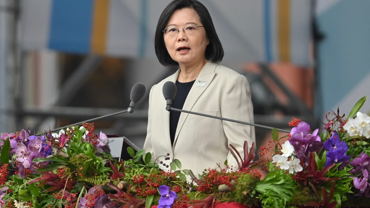 Taiwan's President Tsai Ing-wen speaks at a ceremony to mark the island's National Day in front of the Presidential Office in Taipei on October 10, 2022.