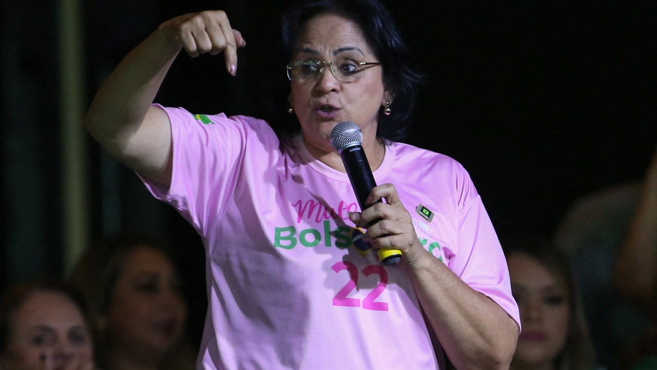 Brazilian elected Senator Damares Alves speaks during an event called "Women for Brazil", which counted with the presence of Brazil's First Lady Michelle Bolsonaro, in Manaus, Brazil, on October 11, 2022. (Photo by Michael DANTAS / AFP)