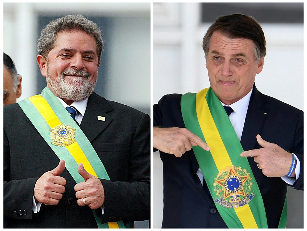 (COMBO) This combination of pictures created on October 11, 2022, shows Brazil's President Luiz Inacio Lula da Silva (L) celebrating shortly after receiving the presidential sash from outgoing President Fernando Henrique Cardoso (out of frame), during the inauguration ceremony held at the Planalto Palace in Brasilia on January 1, 2003 and Brazil's president Jair Bolsonaro gesturing after receiving the presidential sash from outgoing Brazilian president Michel Temer (out of frame), at Planalto Palace in Brasilia on January 1, 2019. - Brazil's new right-leaning Congress risks making life difficult for leftist Luiz Inacio Lula da Silva should he win a third presidential term in elections this month, analysts say. Bolsonaro, 67, exceeded polling predictions by coming a closer-than-expected second to Lula, 76, in a first election round on October 2. The two men will face off in a deeply polarized second round on October 30. (Photo by ORLANDO KISSNER and EVARISTO SA / AFP)