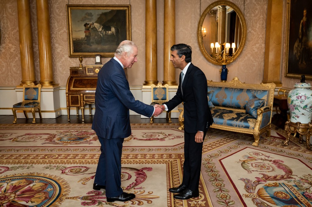 Britain's King Charles III greets newly appointed Conservative Party leader and incoming prime minister Rishi Sunak during an audience at Buckingham Palace in London on October 25, 2022, where Sunak was invited to form a government. - Britain's King Charles III on Tuesday appointed new Conservative leader Rishi Sunak as the second prime minister of his reign, shortly after accepting the resignation of Liz Truss. (Photo by Aaron Chown / POOL / AFP)