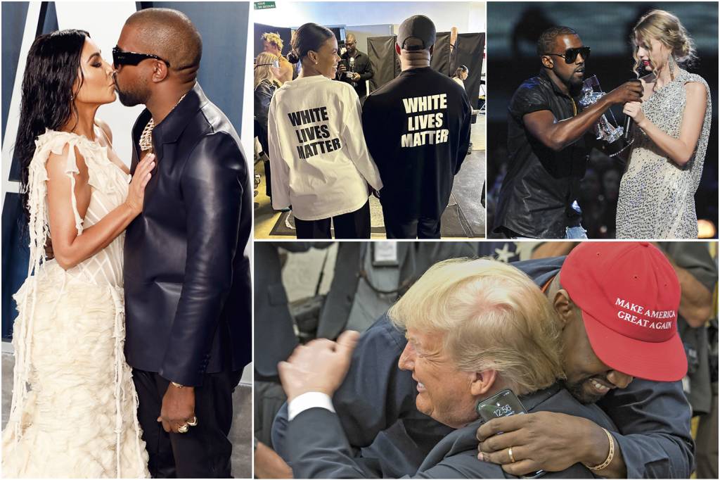 POLÊMICAS - Com a ex Kim Kardashian (à esq.); usando a camiseta com dizeres racistas (no alto, no centro); o ataque a Taylor Swift em 2009 (acima); e apoiando Donald Trump: uma metralhadora verbal sem limites -