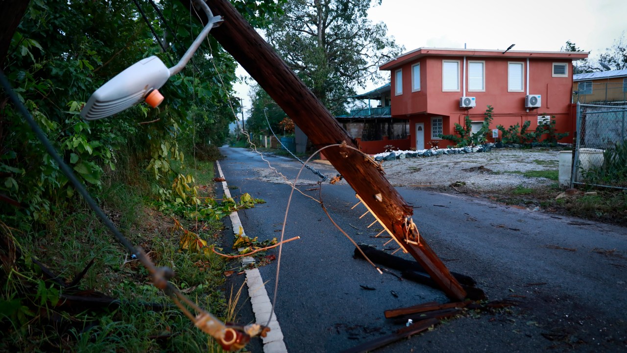 CABO ROJO, PUERTO RICO - SEPTEMBER 20: View of a downed electricity pole on September 20, 2022 in Cabo Rojo, Puerto Rico. Although little damage to the electrical grid was visible, over one million people are still withouth electricity two days after Hurricane Fiona struck this Caribbean nation. (Photo by Jose Jimenez/Getty Images)