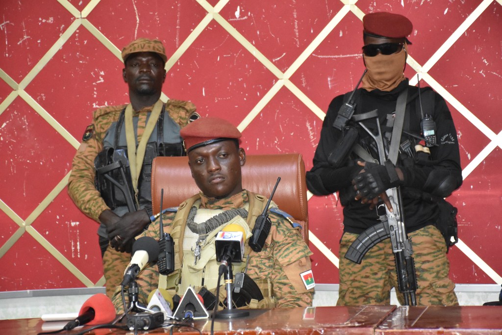 OUAGADOUGOU, BURKINA FASO - OCTOBER 2: Burkina Fasoâs new coup leader Captain Ibrahim Traore gives a news conference on October 2, 2022 in Ouagadougou, Burkina Faso. (Photo by Stringer/Anadolu Agency via Getty Images)