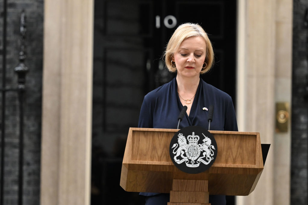 LONDON, ENGLAND - OCTOBER 20: Prime Minister Liz Truss announces her resignation at 10 Downing Street on October 20, 2022 in London, England. Yesterday saw the resignation of the Home Secretary followed by confusion in the House of Commons over the government vote on Fracking. Conservative MPs are openly briefing against the Prime Minister and the 1922 Committee have received letters calling for Truss's removal from one third of their MPs. (Photo by Leon Neal/Getty Images)