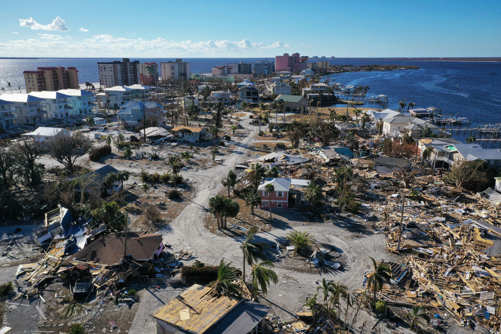 FORT MYERS BEACH, FLORIDA - OCTOBER 02: In this aerial view, the destruction left in the wake of Hurricane Ian is shown on October 02, 2022 in Fort Myers Beach, Florida. Fort Myers Beach sustained severe damage by the Category 4 hurricane which caused extensive damage to the southwest portion of Florida. (Photo by Win McNamee/Getty Images)