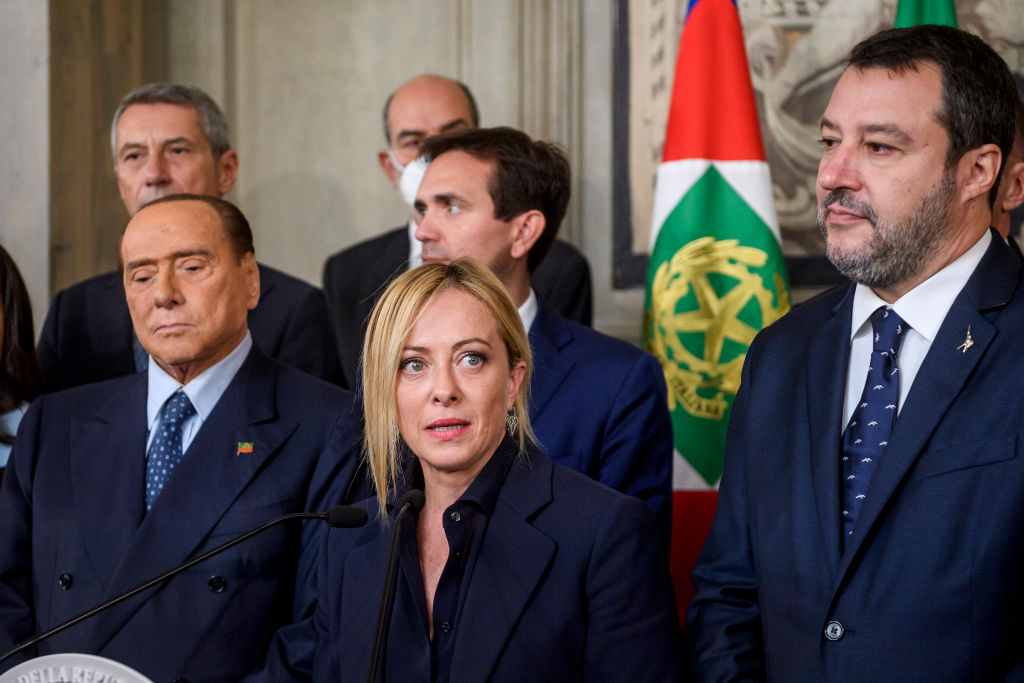 ROME, ITALY - OCTOBER 21: Silvio Berlusconi, Giorgia Meloni (C), Matteo Salvini and other members of right-wing coalition speak to the media after the meeting with Italian President Sergio Mattarella during the second day of consultations at Quirinale Palace, on October 21, 2022 in Rome, Italy. The President of the Italian Republic Sergio Mattarella will begin his consultations for the formation of the country's new government after the historic victory of the political right in the September 25 legislative elections. (Photo by Antonio Masiello/Getty Images)