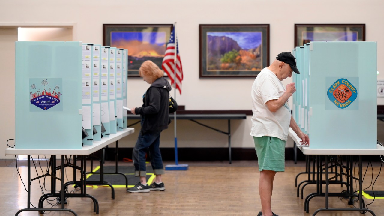 LAS VEGAS, NEVADA - OCTOBER 22: Voters cast their ballots on the first day of in-person early voting at Desert Vista Community Center on October 22, 2022 in Las Vegas, Nevada. Early voting for the general election continues through November 4. (Photo by David Becker/Getty Images)