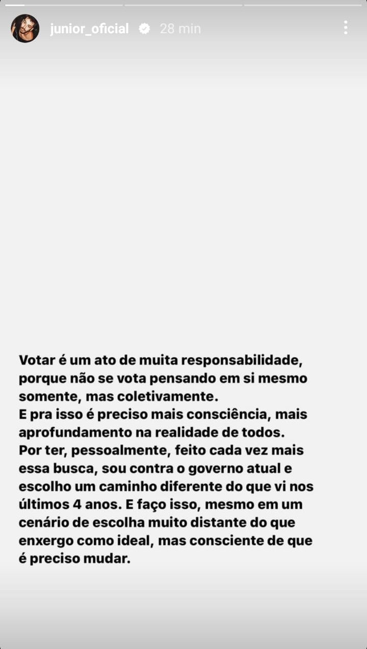 Júnior Lima publicou mensagem contra Bolsonaro