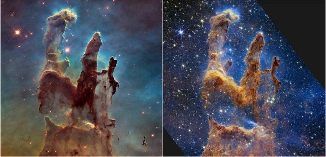 Comparação entre as imagens dos Pilares da Criação feitos pelo Hubble, em 1995, e pelo James Webb -