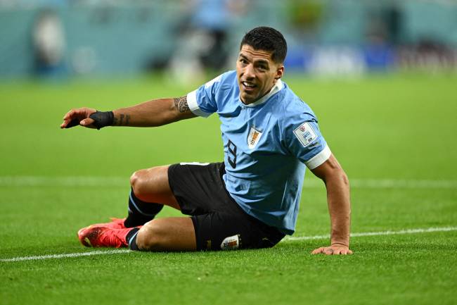 Uruguay's forward #09 Luis Suarez picks himself up during the Qatar 2022 World Cup Group H football match between Uruguay and South Korea at the Education City Stadium in Al-Rayyan, west of Doha on November 24, 2022. (Photo by Jewel SAMAD / AFP)