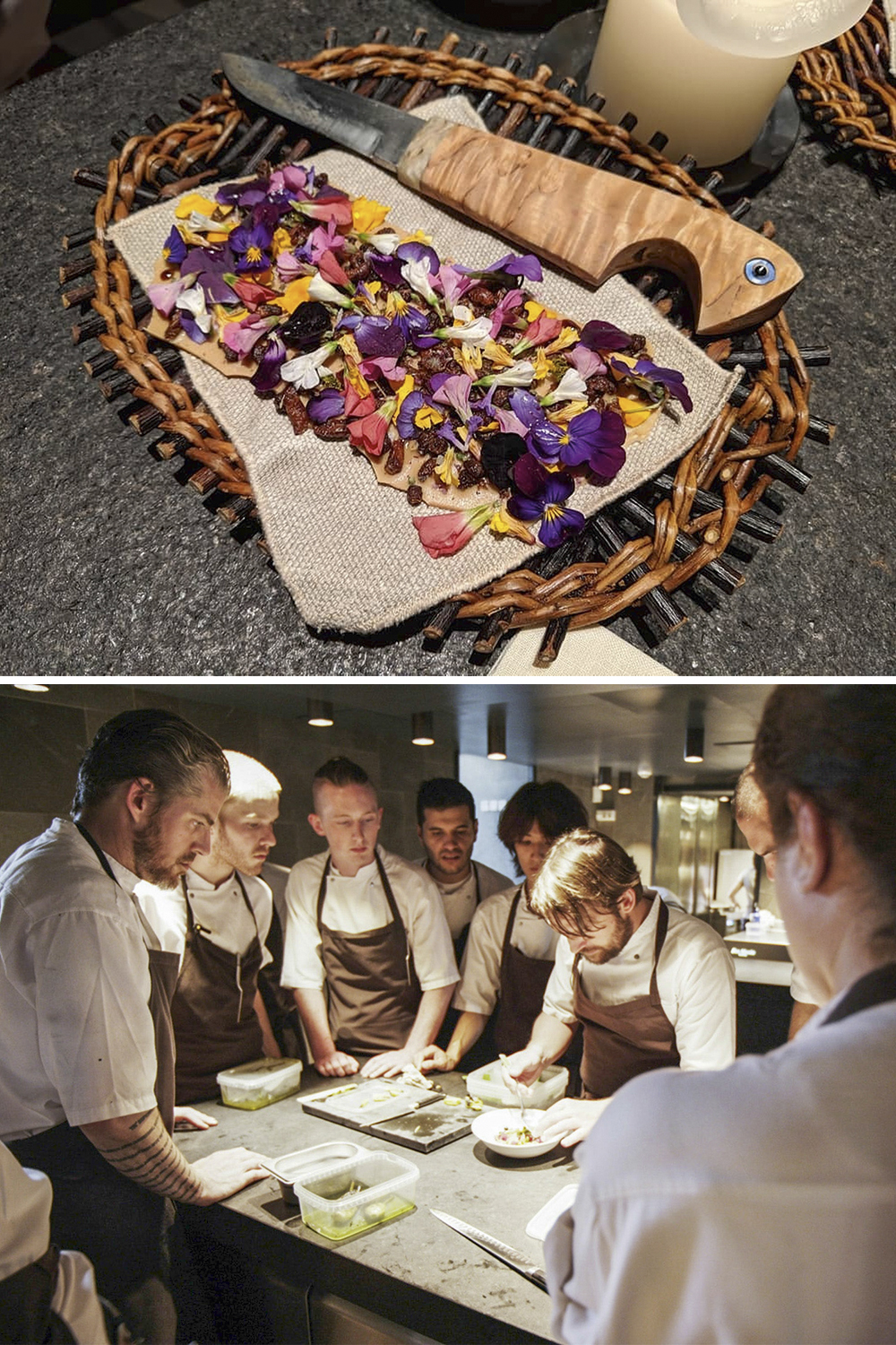 ABRE-NOMA-DINAMARCA-CHOCOLATE-BRANCO-COM-LARVAS-E-FLORES.jpg2 BONITO E EXÓTICO - Sobremesa preparada pela equipe do Noma (abaixo), de Copenhague: chocolate branco artesanal com larvas de abelha grelhadas e caramelizadas, cera de abelha, pó de alcaçuz e flores comestíveis -