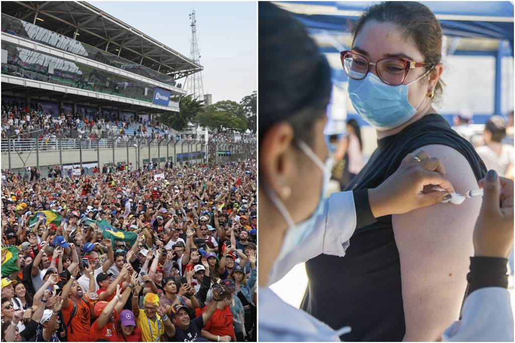 MUDANÇAS - Torcida em Interlagos (à esq.) e vacinação em SP: eles deveriam ter usado máscaras e a adesão às doses de reforço precisa crescer no país -