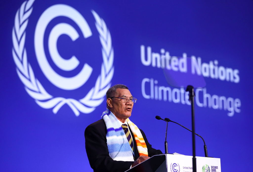 GLASGOW, SCOTLAND - NOVEMBER 02: Tuvalu's Prime Minister Kausea Natano speaks during the UN Climate Change Conference during day three of COP26 at SECC on November 2, 2021 in Glasgow, United Kingdom. COP26 is the 2021 climate summit in Glasgow. It is the 26th "Conference of the Parties" and represents a gathering of all the countries signed on to the U.N. Framework Convention on Climate Change and the Paris Climate Agreement. The aim of this year's conference is to commit countries to net zero carbon emissions by 2050. (Photo by Hannah McKay - Pool/Getty Images)