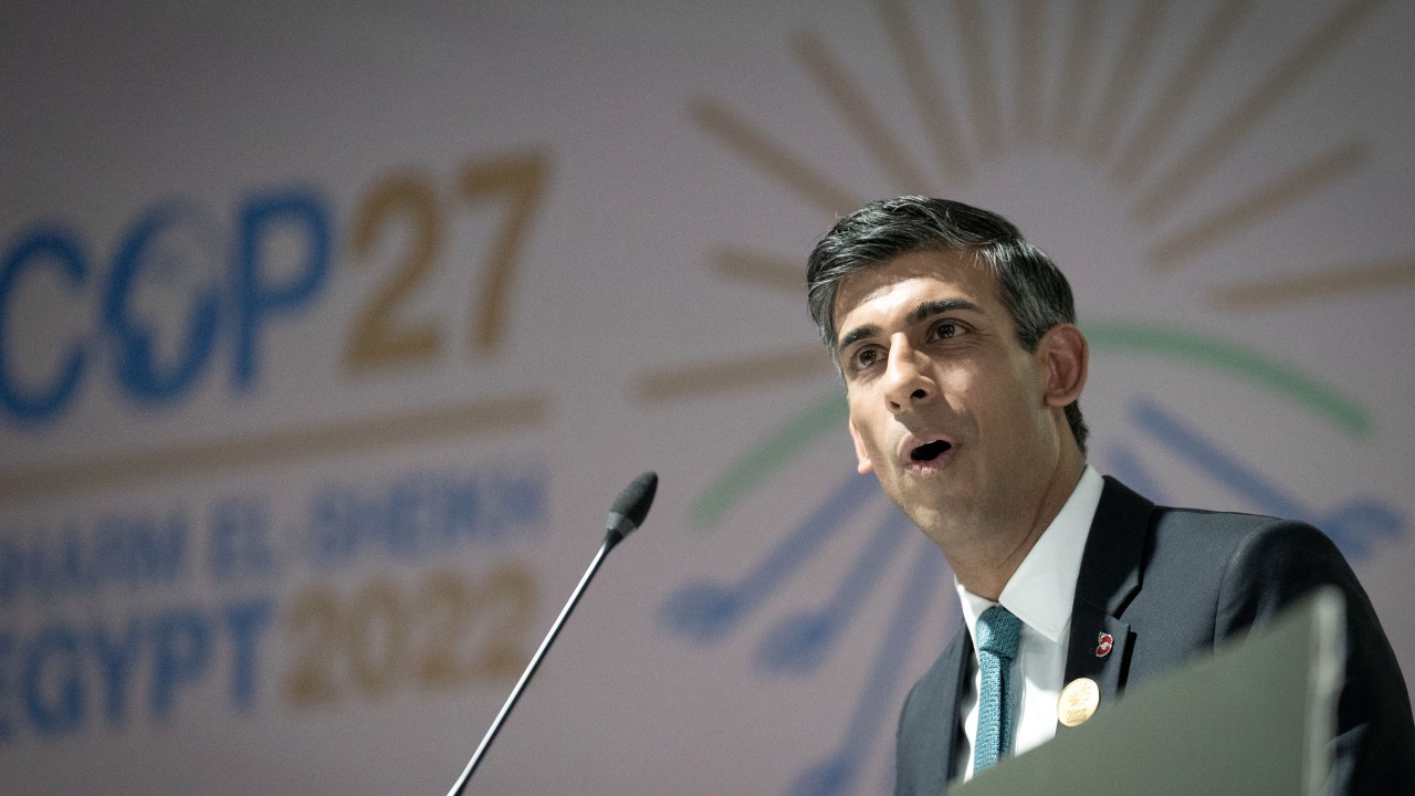 SHARM EL SHEIKH, EGYPT - NOVEMBER 07: Prime Minister Rishi Sunak speaks as he addresses a forest and climate leaders' event during the COP 27 climate conference on November 7, 2022 in Sharm El Sheikh, Egypt. The conference is bringing together political leaders and representatives from 190 countries to discuss climate-related topics including climate change adaptation, climate finance, decarbonisation, agriculture and biodiversity. The conference is running from November 6-18. (Photo by Stefan Rousseau - Pool/Getty Images)