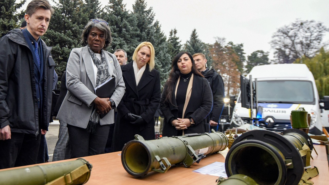 KYIV, UKRAINE - NOVEMBER 8, 2022 - Representative of the United States of America to the United Nations, Ambassador Linda Thomas-Greenfield (2nd L) and Ambassador Extraordinary and Plenipotentiary of the United States of America to Ukraine Bridget A. Brink (3rd L) look at ammunition at the State Scientific Research Forensic Center of the Ministry of Internal Affairs of Ukraine, Kyiv, capital of Ukraine. (Photo credit should read Ruslan Kaniuka / Ukrinform/Future Publishing via Getty Images)
