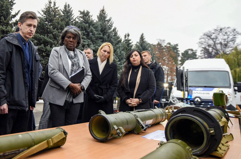 KYIV, UKRAINE - NOVEMBER 8, 2022 - Representative of the United States of America to the United Nations, Ambassador Linda Thomas-Greenfield (2nd L) and Ambassador Extraordinary and Plenipotentiary of the United States of America to Ukraine Bridget A. Brink (3rd L) look at ammunition at the State Scientific Research Forensic Center of the Ministry of Internal Affairs of Ukraine, Kyiv, capital of Ukraine. (Photo credit should read Ruslan Kaniuka / Ukrinform/Future Publishing via Getty Images)