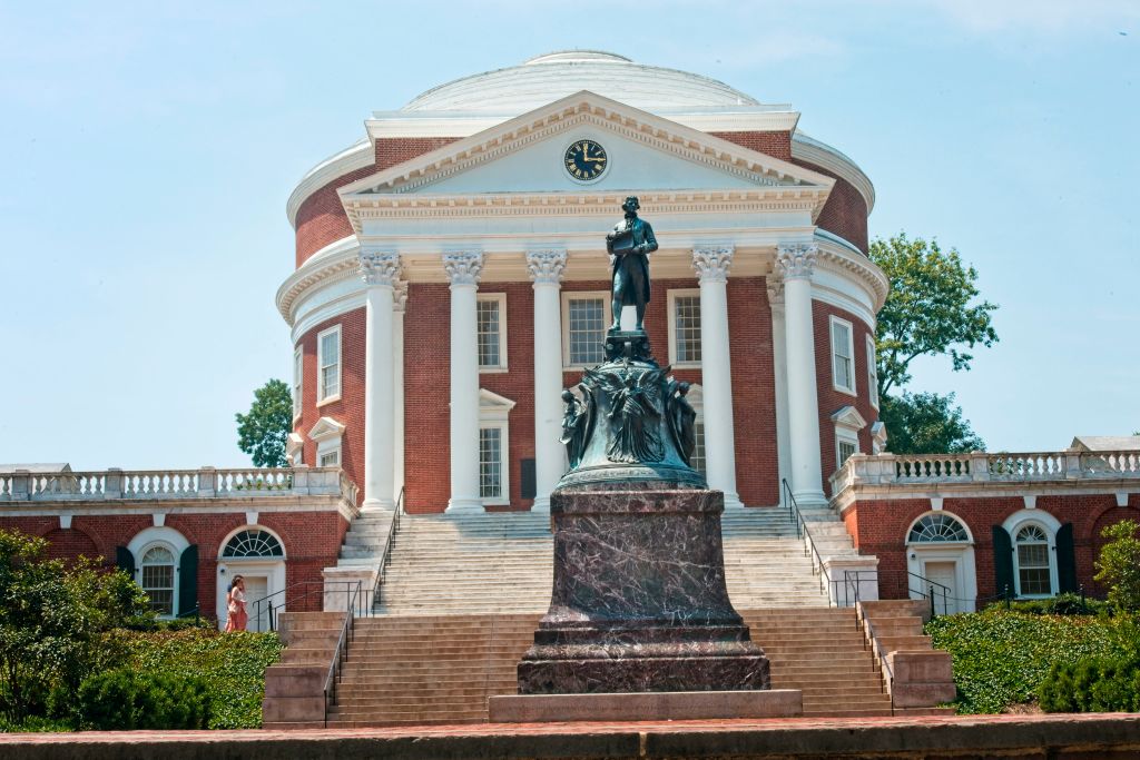 Statue of Thomas Jefferson in front of The Rotunda on the campus of the University of Virginia, Charlottesville, Virginia. (Photo by: Robert Knopes/UCG/Universal Images Group via Getty Images)