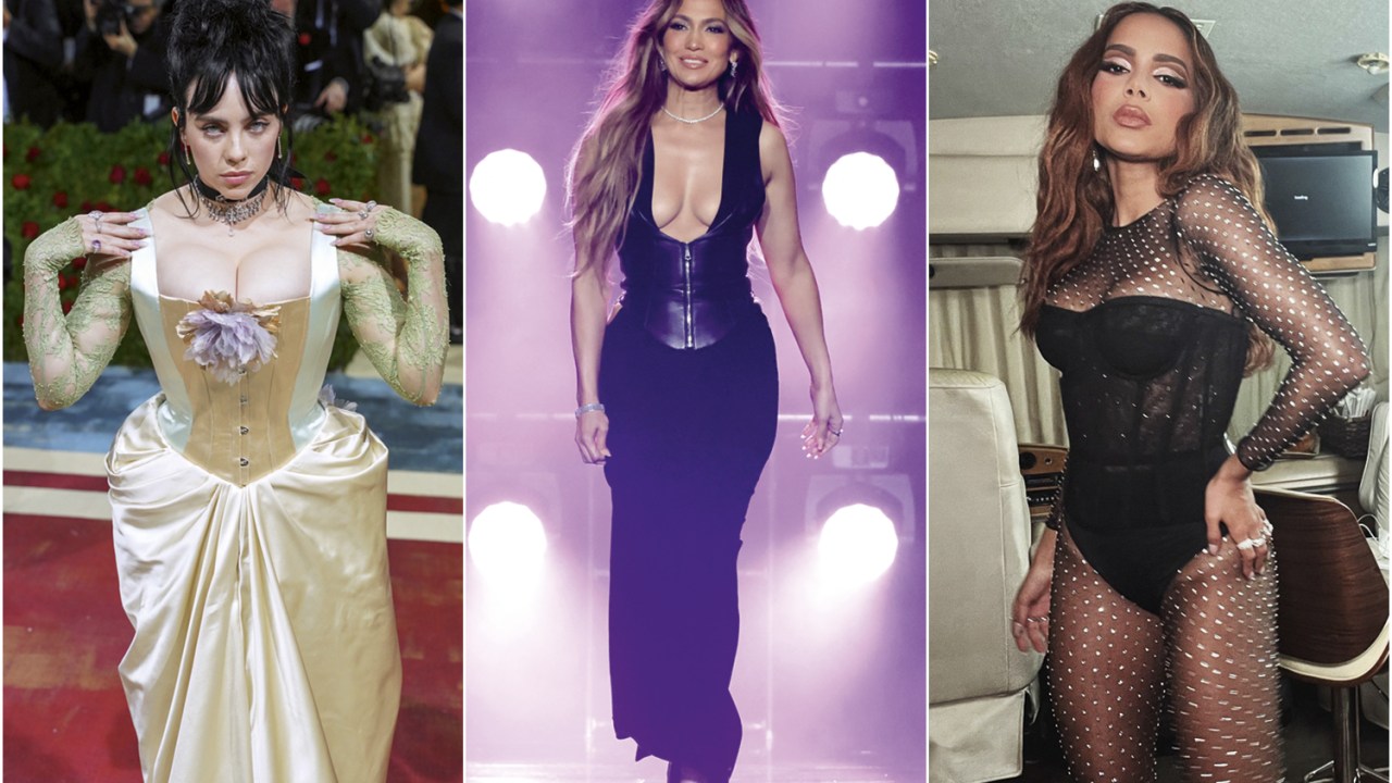 SÓ AS PODEROSAS - Billie Eilish (à esq.), Jennifer Lopez (acima) e Anitta: musas que aderiram aos corsets, porém feitos de tecidos confortáveis e sem o exagerado aperto de antes -