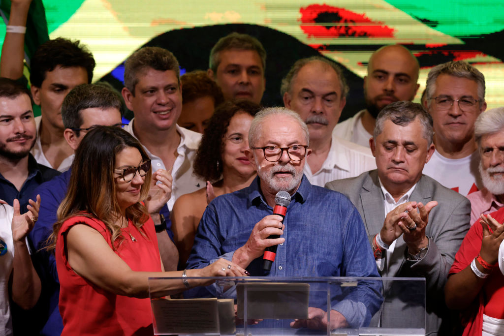 SAO PAULO, BRAZIL - OCTOBER 30: Candidate Luiz Inácio Lula Da Silva speaks after being elected president of Brazil over incumbent Bolsonaro by a thin margin on the runoff at Intercontinental Hotel on October 30, 2022 in Sao Paulo, Brazil. Brazil electoral authority announced that da Silva defeated incumbent Bolsonaro and will rule the country from 2023 to 2027. (Photo by Alexandre Schneider/Getty Images)