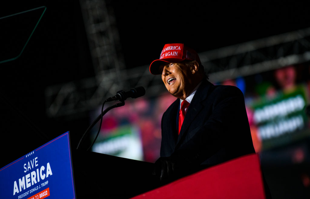 SIOUX CITY, IA - NOVEMBER 03: Former U.S. President Donald Trump speaks during a campaign event at Sioux Gateway Airport on November 3, 2022 in Sioux City, Iowa. Trump held the rally to support for Iowa GOP candidates ahead of the state's midterm election on November 8th. (Photo by Stephen Maturen/Getty Images)