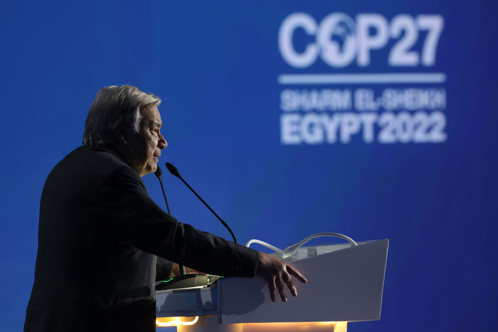 SHARM EL SHEIKH, EGYPT - NOVEMBER 07: United Nations Secretary-General Antonio Guterres speaks during the Sharm El-Sheikh Climate Implementation Summit (SCIS) of the UNFCCC COP27 climate conference on November 07, 2022 in Sharm El Sheikh, Egypt. The conference is bringing together political leaders and representatives from 190 countries to discuss climate-related topics including climate change adaptation, climate finance, decarbonisation, agriculture and biodiversity. The conference is running from November 6-18. (Photo by Sean Gallup/Getty Images)