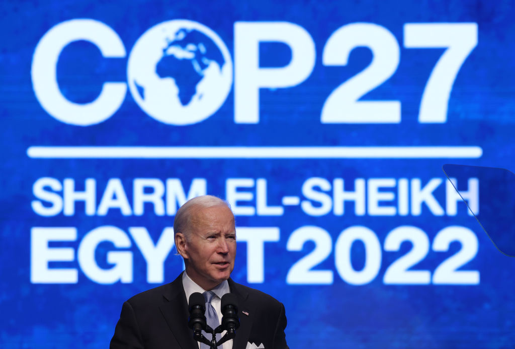 SHARM EL SHEIKH, EGYPT - NOVEMBER 11: U.S. President Joe Biden speaks at the UNFCCC COP27 climate conference on November 11, 2022 in Sharm El Sheikh, Egypt. The conference is bringing together political leaders and representatives from 190 countries to discuss climate-related topics including climate change adaptation, climate finance, decarbonisation, agriculture and biodiversity. The conference is running from November 6-18. (Photo by Sean Gallup/Getty Images)