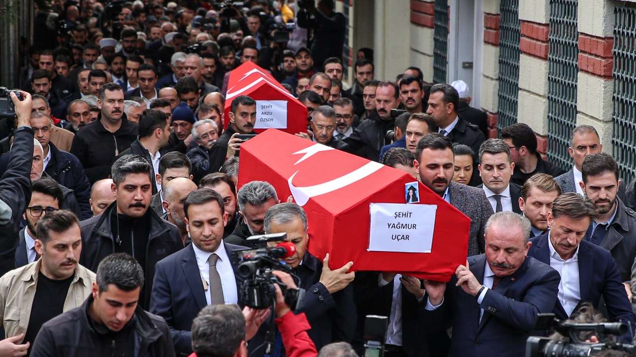 ISTANBUL, TURKIYE- NOVEMBER 14: Funeral ceremonies of Arzu Özsoy and her daughter Yağmur Uçar, who lost their lives after the explosion on Istiklal Street, are held on November 14, 2022 in İstanbul, Türkiye. Six people lost their lives and 81 people were injured in the terrorist attack that took place on Istiklal Street, one of the busiest streets of Istanbul, on November 13, at 16.20pm. (Photo by Cem Tekkesinoglu/ dia images via Getty Images)