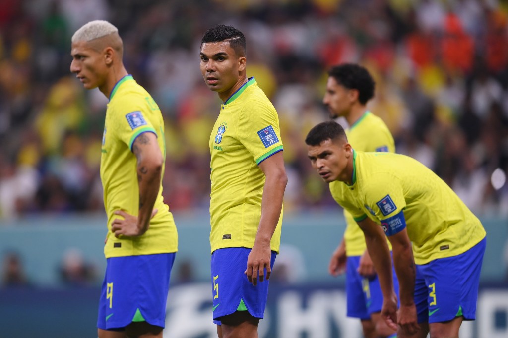 LUSAIL CITY, QATAR - NOVEMBER 24: Richarlison, Casemiro and Thiago Silva of Brazil are seen during the FIFA World Cup Qatar 2022 Group G match between Brazil and Serbia at Lusail Stadium on November 24, 2022 in Lusail City, Qatar. (Photo by Laurence Griffiths/Getty Images)