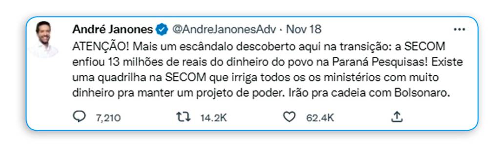 IRRESPONSÁVEL - O post: denúncia infundada de que o Planalto gastou 13 milhões com instituto que trabalha para o PL -