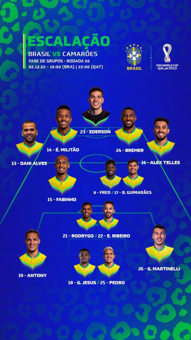 Seleção Brasileira divulga escalação para jogo contra Camarões com Pedro e  Everton Ribeiro no banco - Coluna do Fla