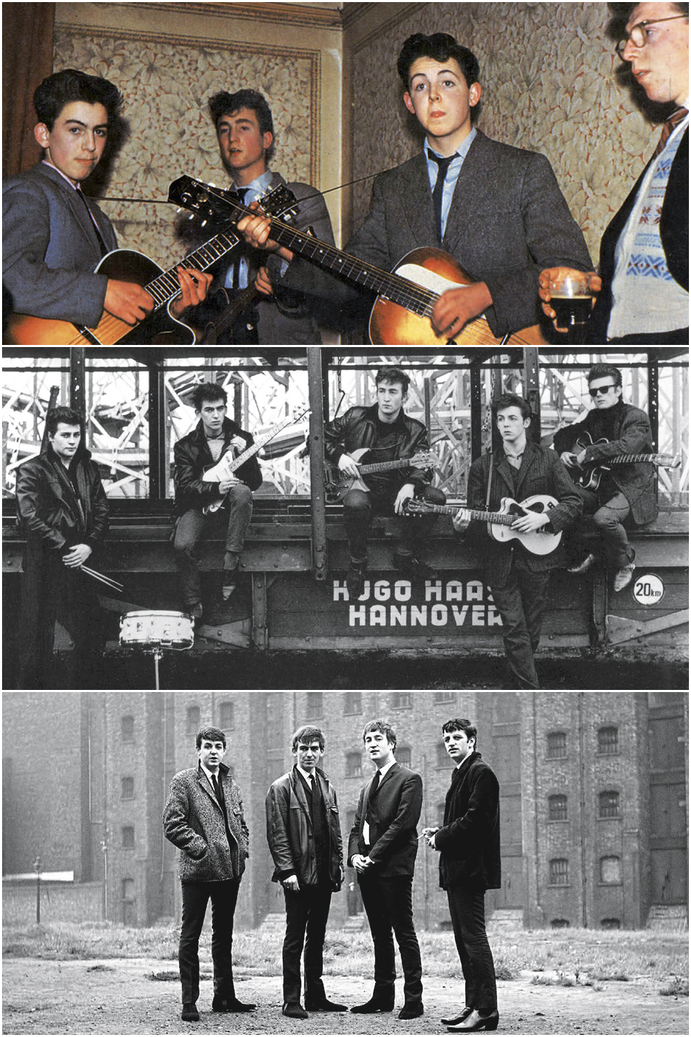 HISTÓRIA - A banda em três momentos: em 1958, adolescentes; em 1960, em Hamburgo com Pete Best (à esq.) e Stuart Sutcliffe (à dir.); e em 1962, com Ringo -