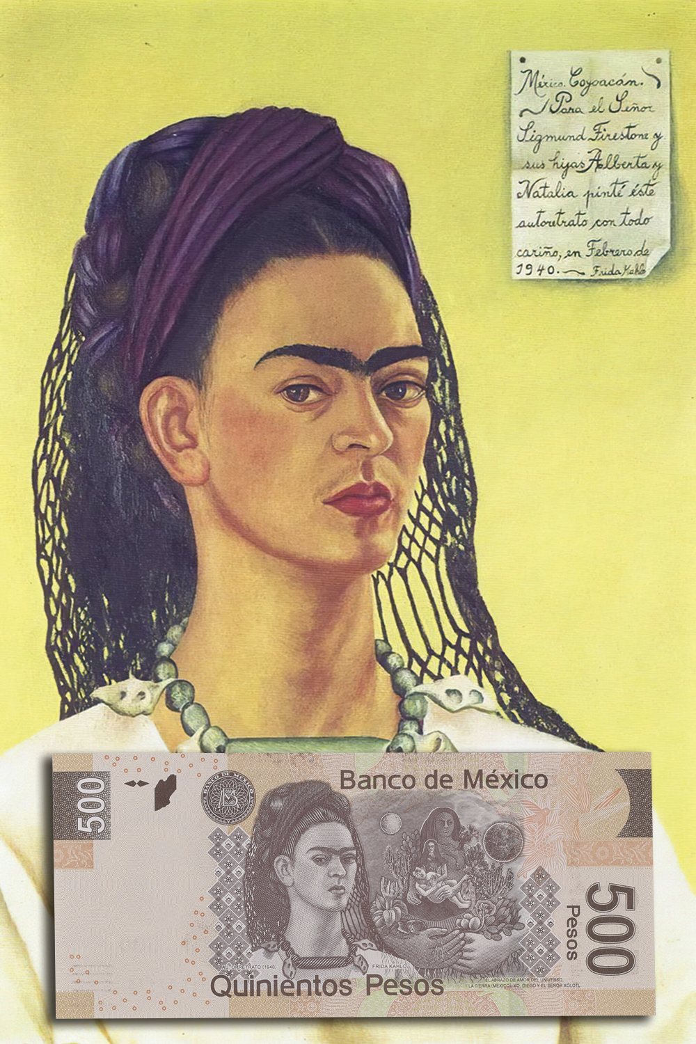FRIDA KAHLO - A pintora aparece na cédula de 500 pesos mexicanos, mas a escolha enfureceu feministas. Ela está no verso. Seu marido, Diego Rivera, ilustra a frente da nota -