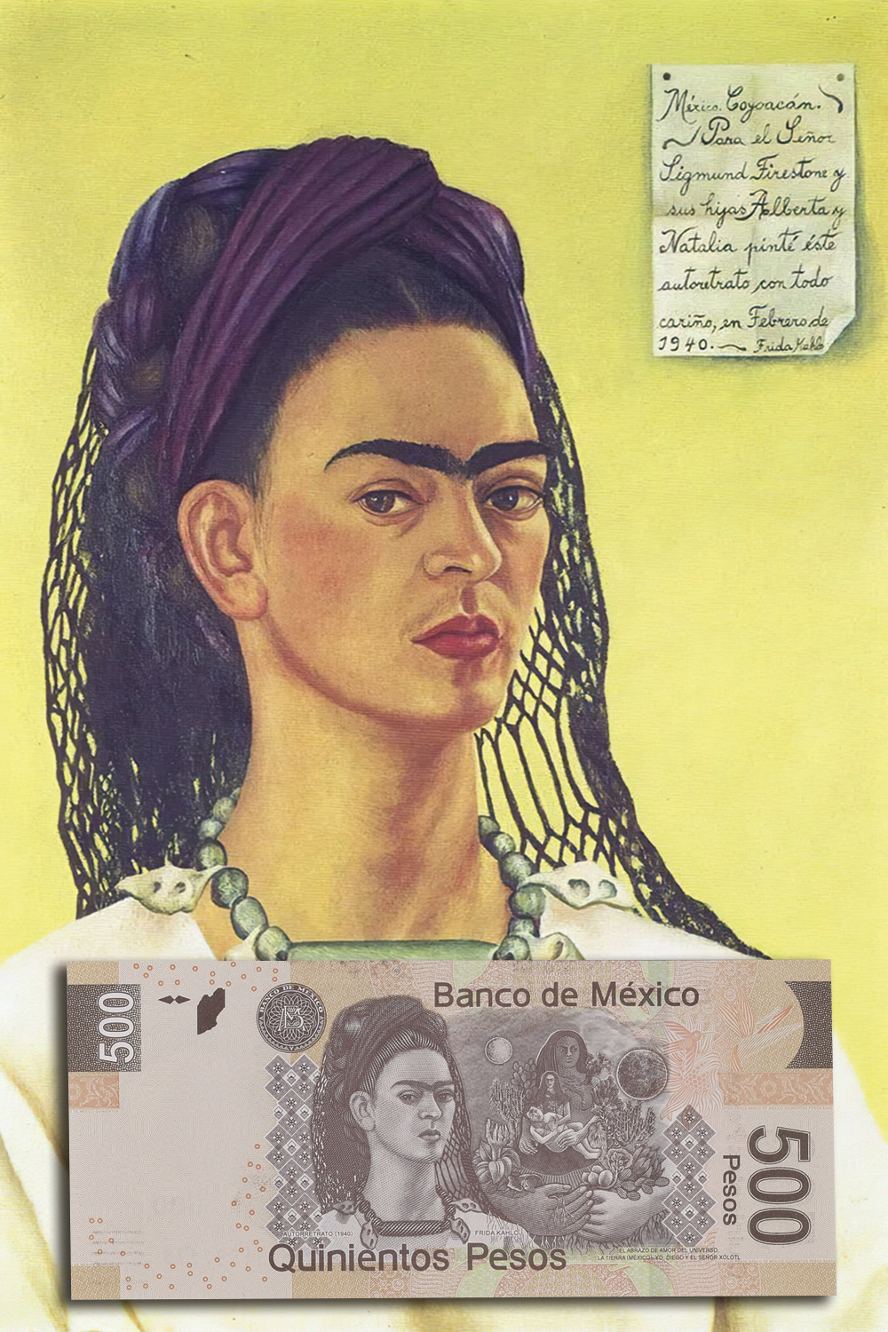 alb8345568_fotoarena.jpg FRIDA KAHLO - A pintora aparece na cédula de 500 pesos mexicanos, mas a escolha enfureceu feministas. Ela está no verso. Seu marido, Diego Rivera, ilustra a frente da nota -